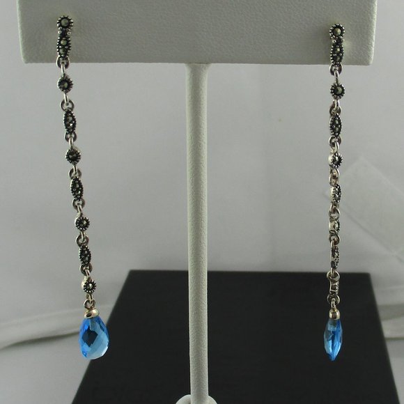 Blue Crystal & Marcasite Dangle Earrings - Picture 10 of 14